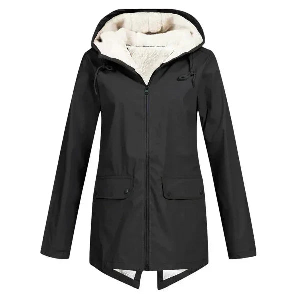 Elodie hooded waterproof trench coat in black, front view