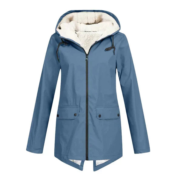 Elodie hooded waterproof trench coat in blue, front view