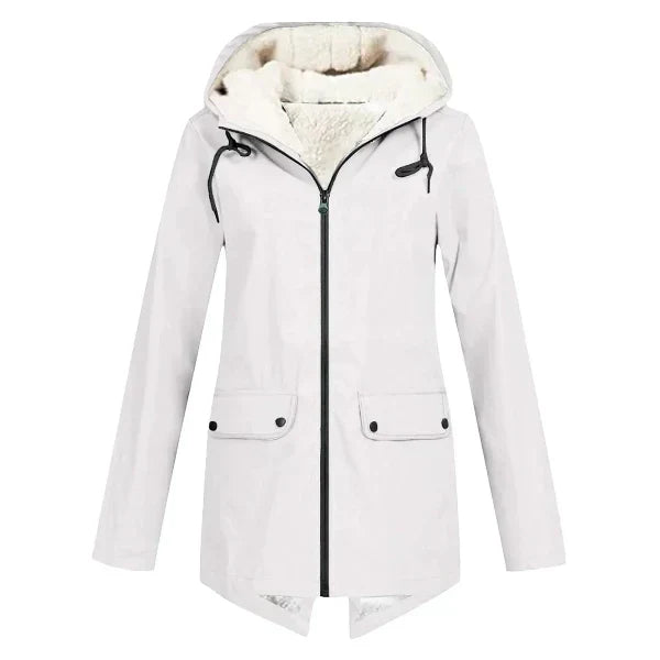 Elodie hooded waterproof trench coat in white, front view