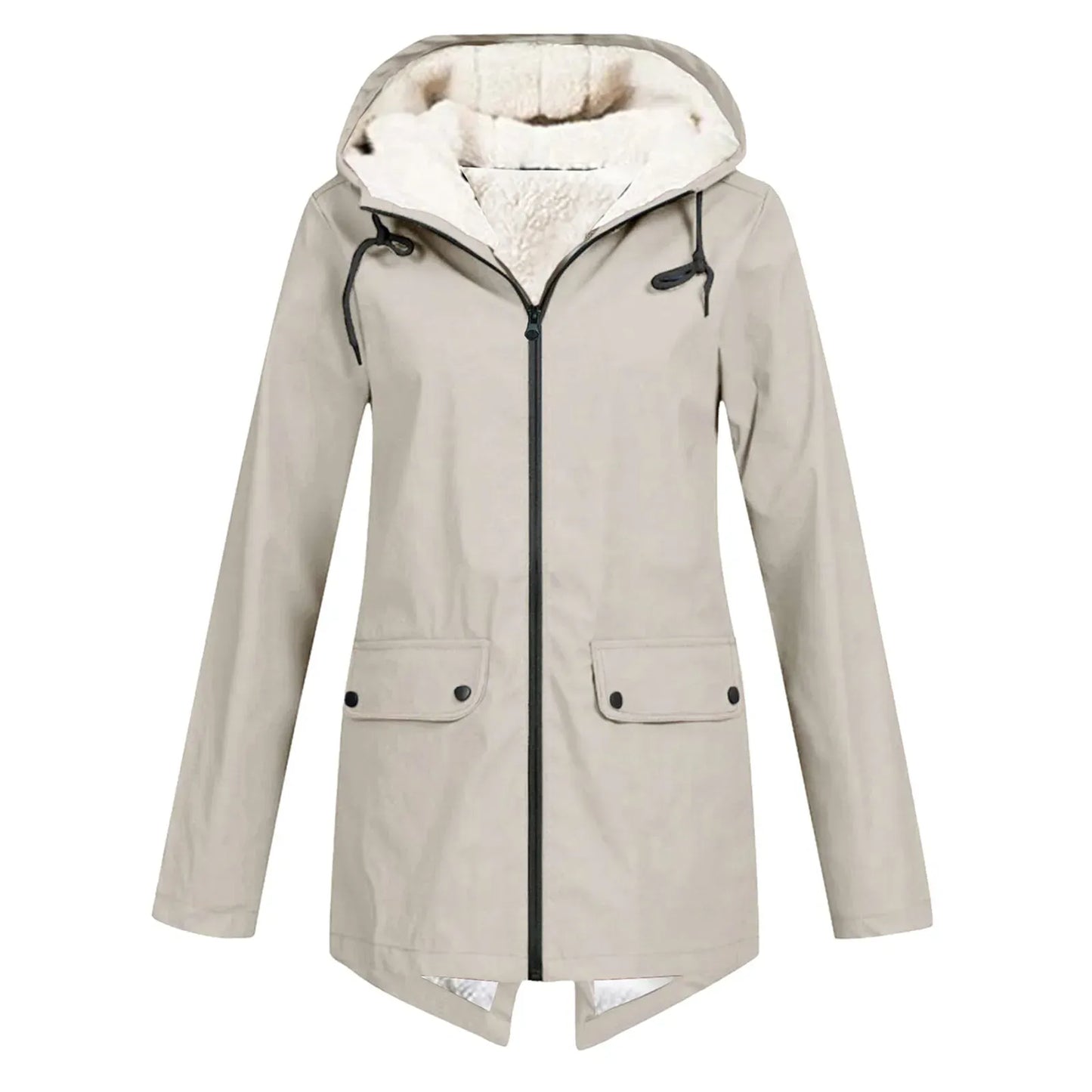 Elodie hooded waterproof trench coat in beige, front view