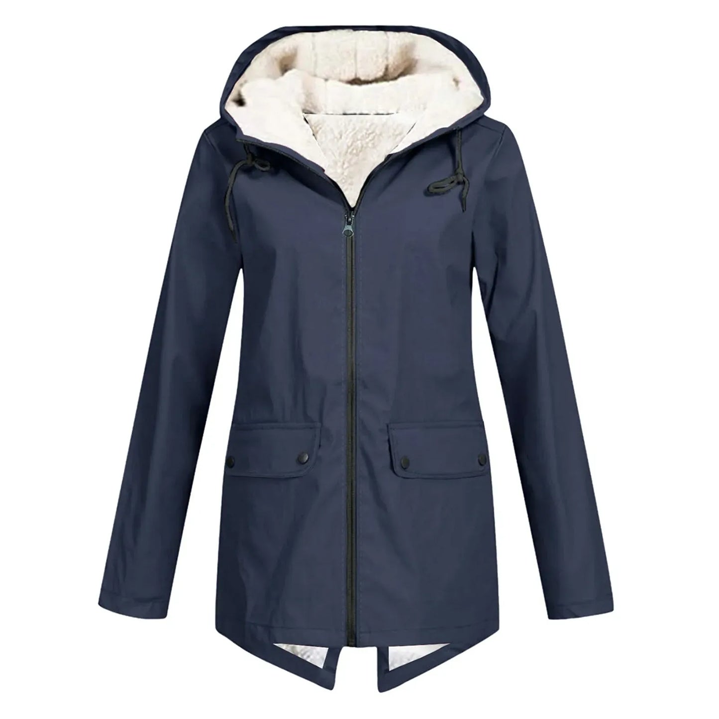 Elodie hooded waterproof trench coat in navy, front view