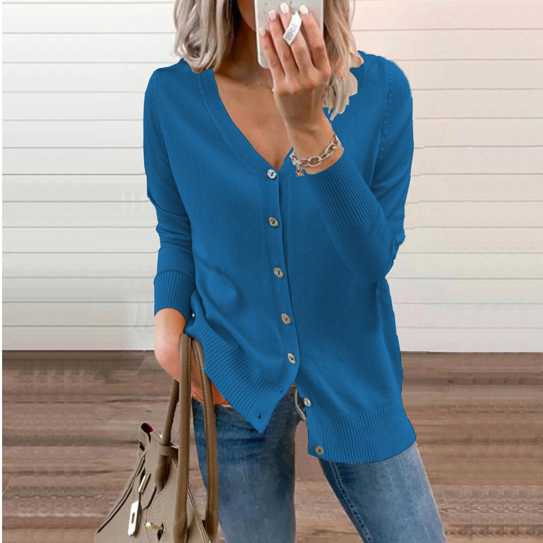 Eloise blue V-neck button-front knit cardigan, front view