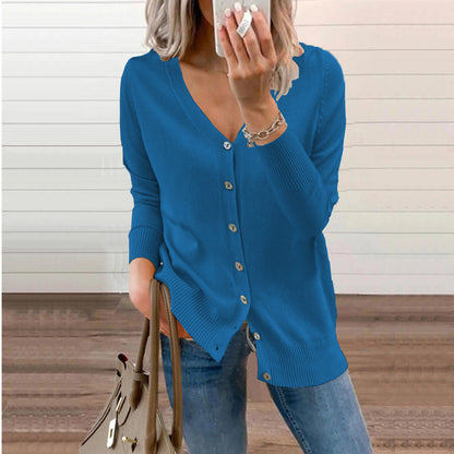 Eloise blue V-neck button-front knit cardigan, front view