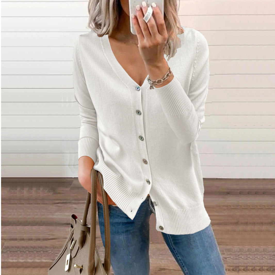 Eloise white V-neck button-front knit cardigan, front view