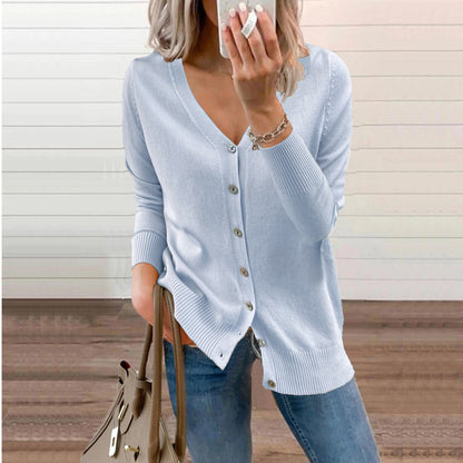 Eloise sky blue V-neck button-front knit cardigan, front view