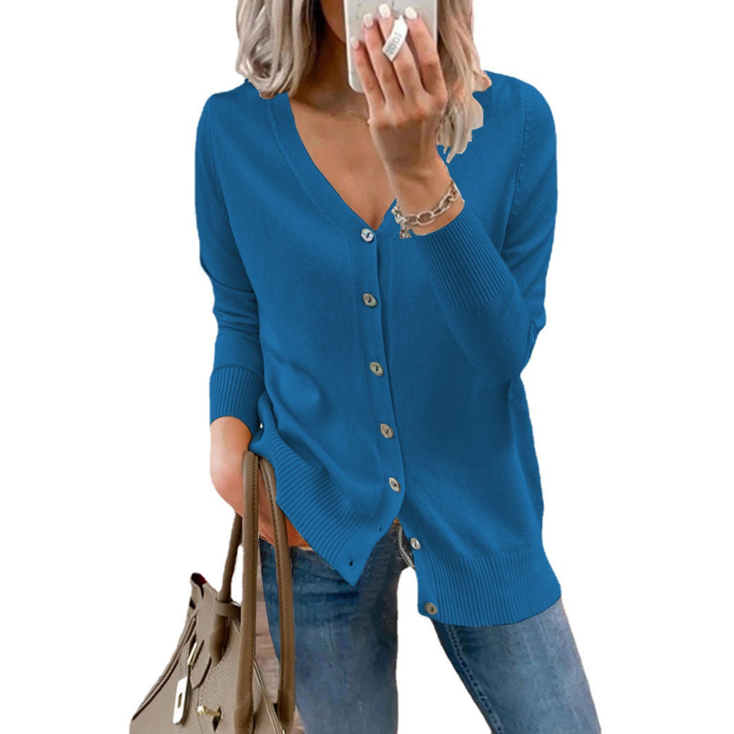 Eloise blue V-neck button-front knit cardigan on white background