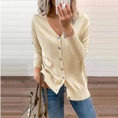 Eloise cream V-neck button-front knit cardigan, front view