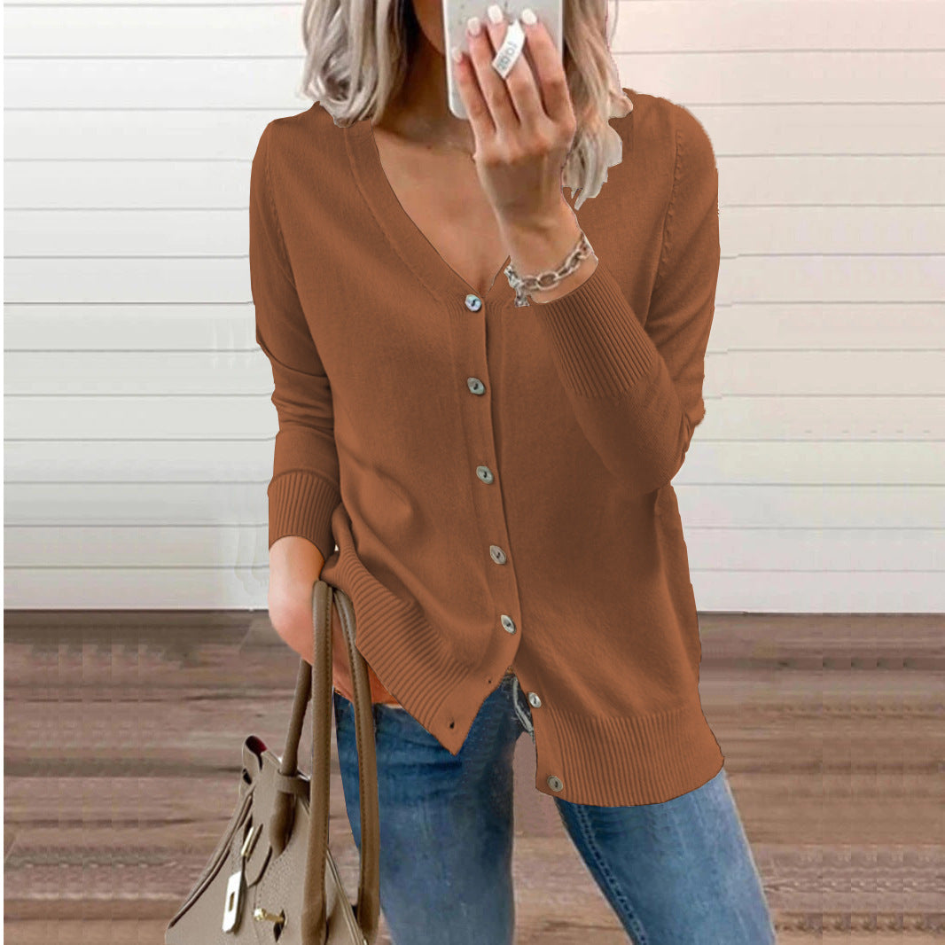 Eloise rust brown V-neck button-front knit cardigan, front view
