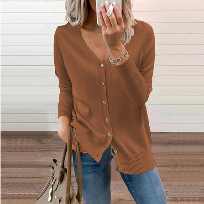 Eloise rust brown V-neck button-front knit cardigan, front view