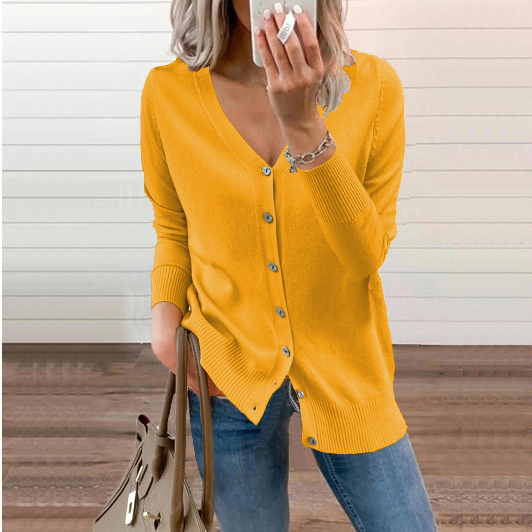 Eloise yellow V-neck button-front knit cardigan, front view
