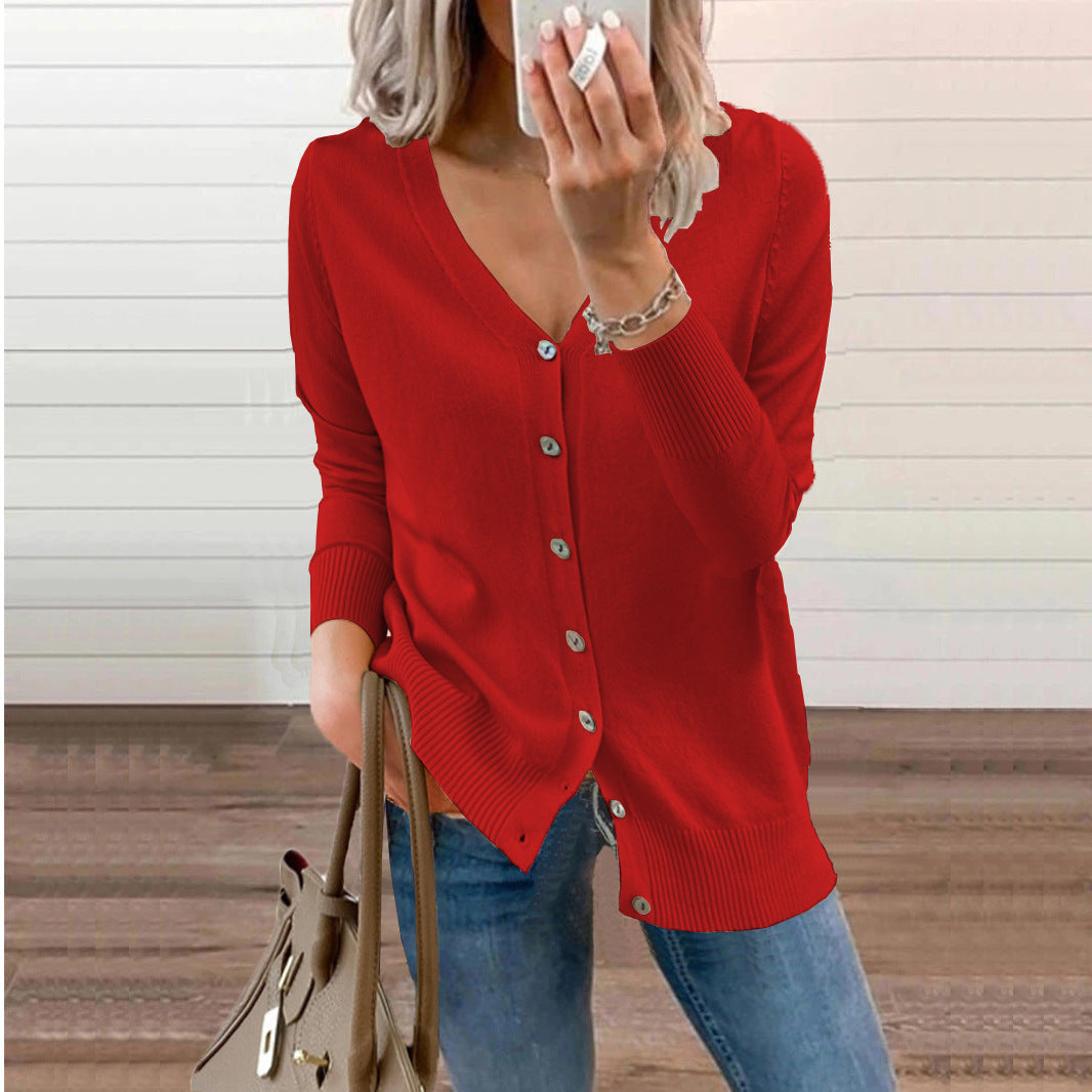 Eloise red V-neck button-front knit cardigan, front view