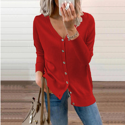 Eloise red V-neck button-front knit cardigan, front view