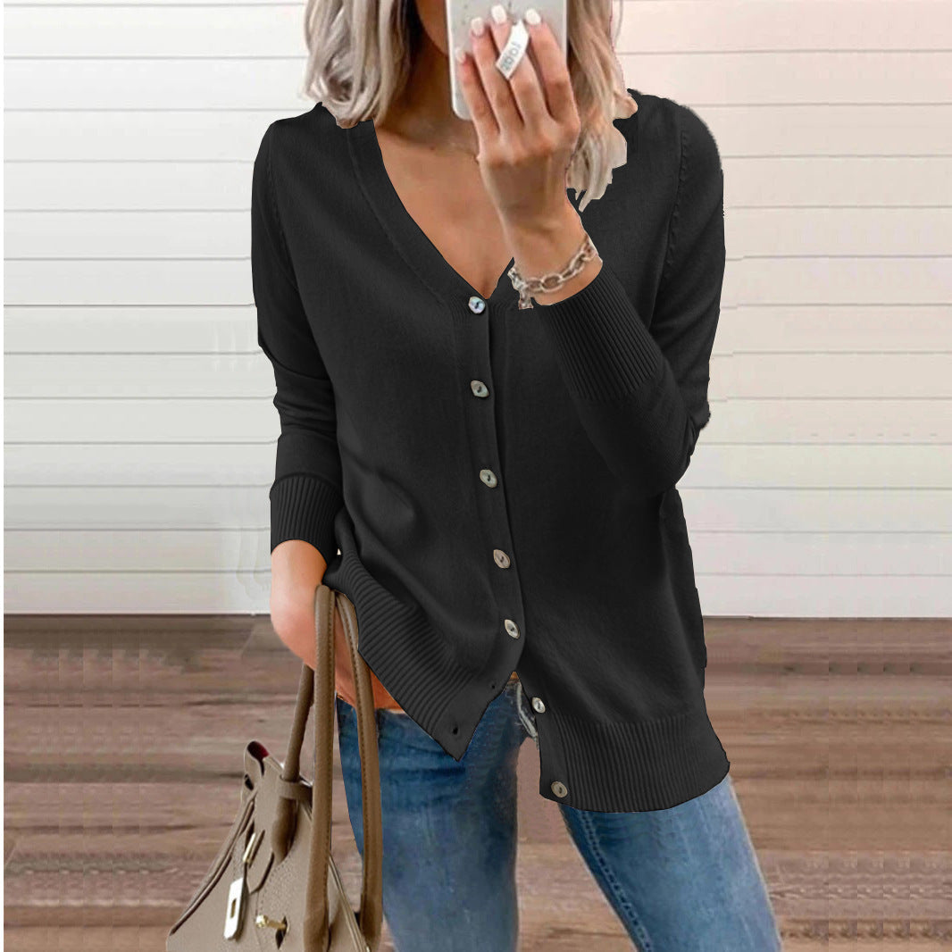Eloise black V-neck button-front knit cardigan, front view