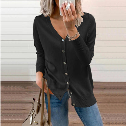 Eloise black V-neck button-front knit cardigan, front view