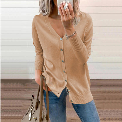 Eloise camel V-neck button-front knit cardigan, front view