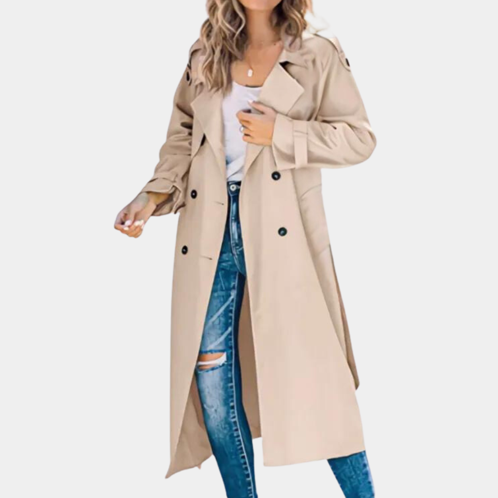 Eveline double-breasted trench coat in beige, front view on model