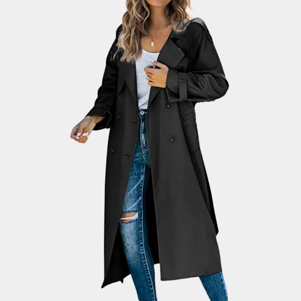 Eveline double-breasted trench coat in black, front view on model