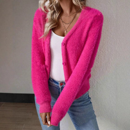 Freya fluffy V-neck knit cardigan, full front view with bracelets