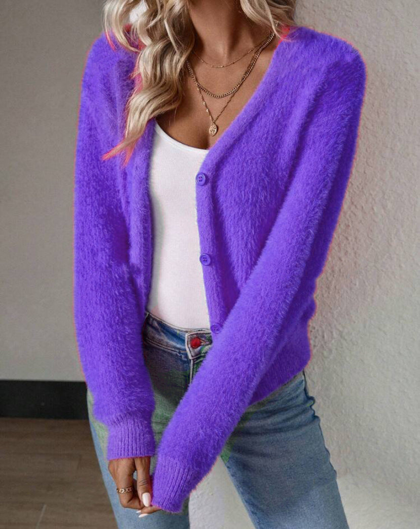Purple fluffy V-neck knit cardigan, front view