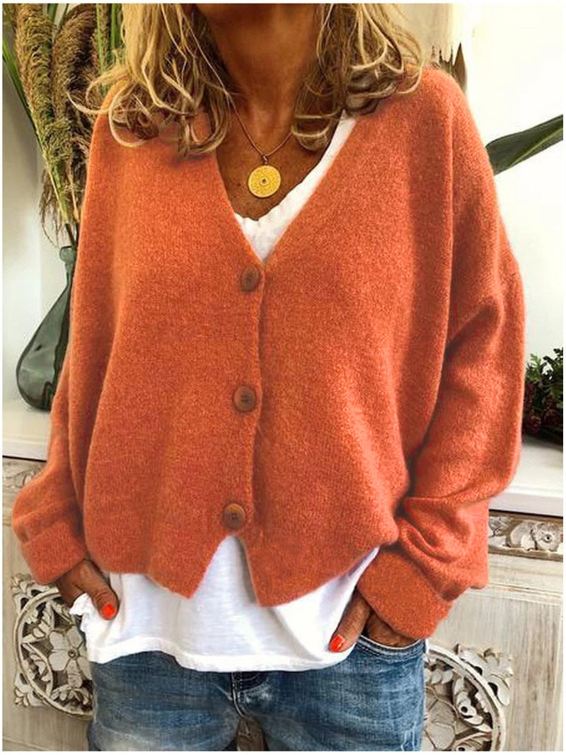 Freya oversized V-neck cardigan in orange, front view