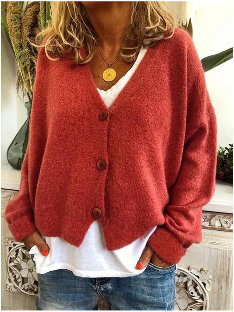Freya oversized V-neck cardigan in orange-red, front view