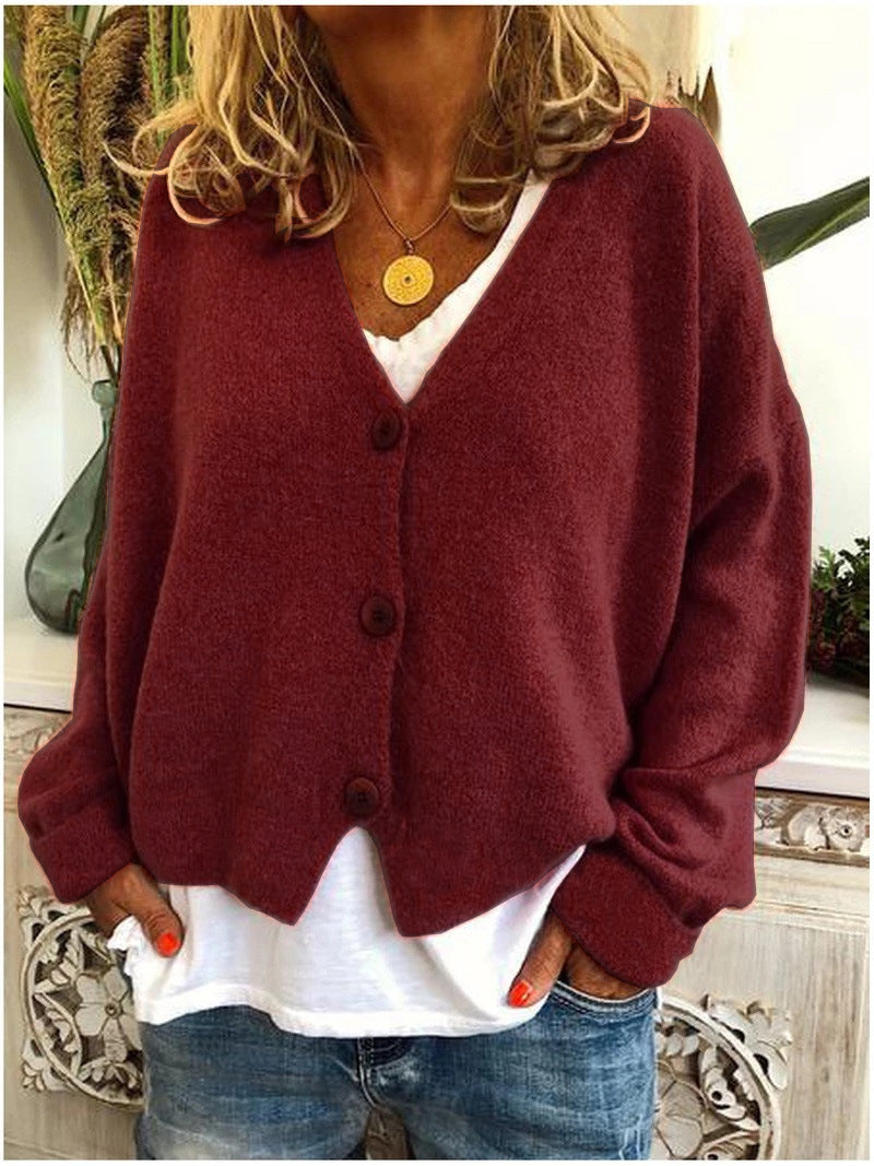 Freya oversized V-neck cardigan in wine red, front view