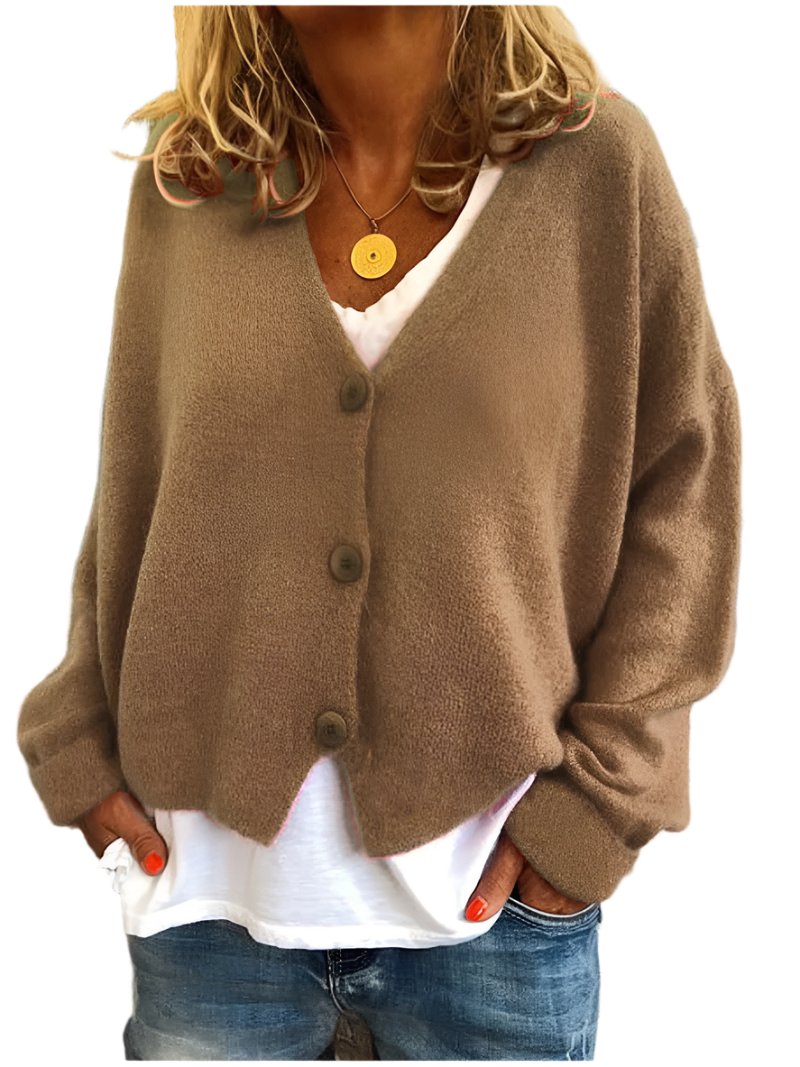 Freya oversized V-neck cardigan in brown, front view