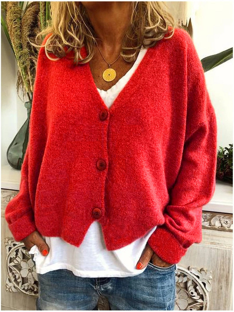 Freya oversized V-neck cardigan in red, front view