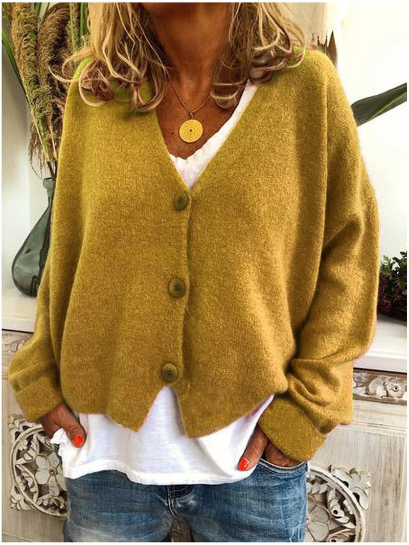 Freya oversized V-neck cardigan in mustard yellow, front view