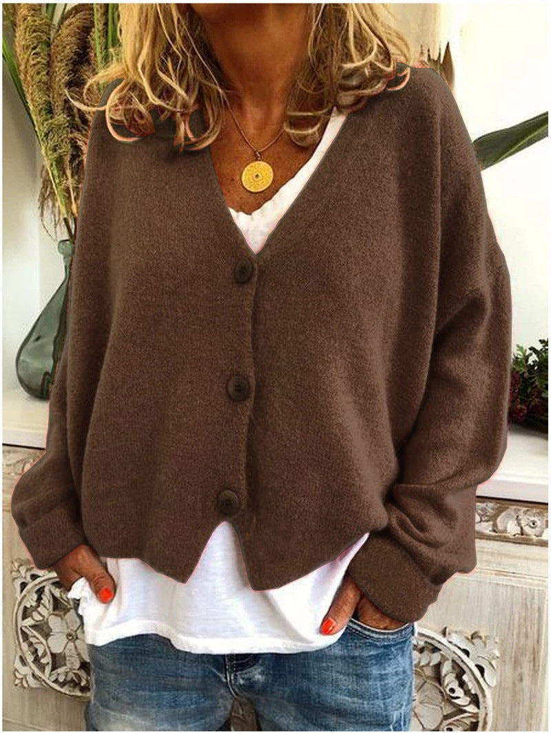 Freya oversized V-neck cardigan in brown, close-up front view