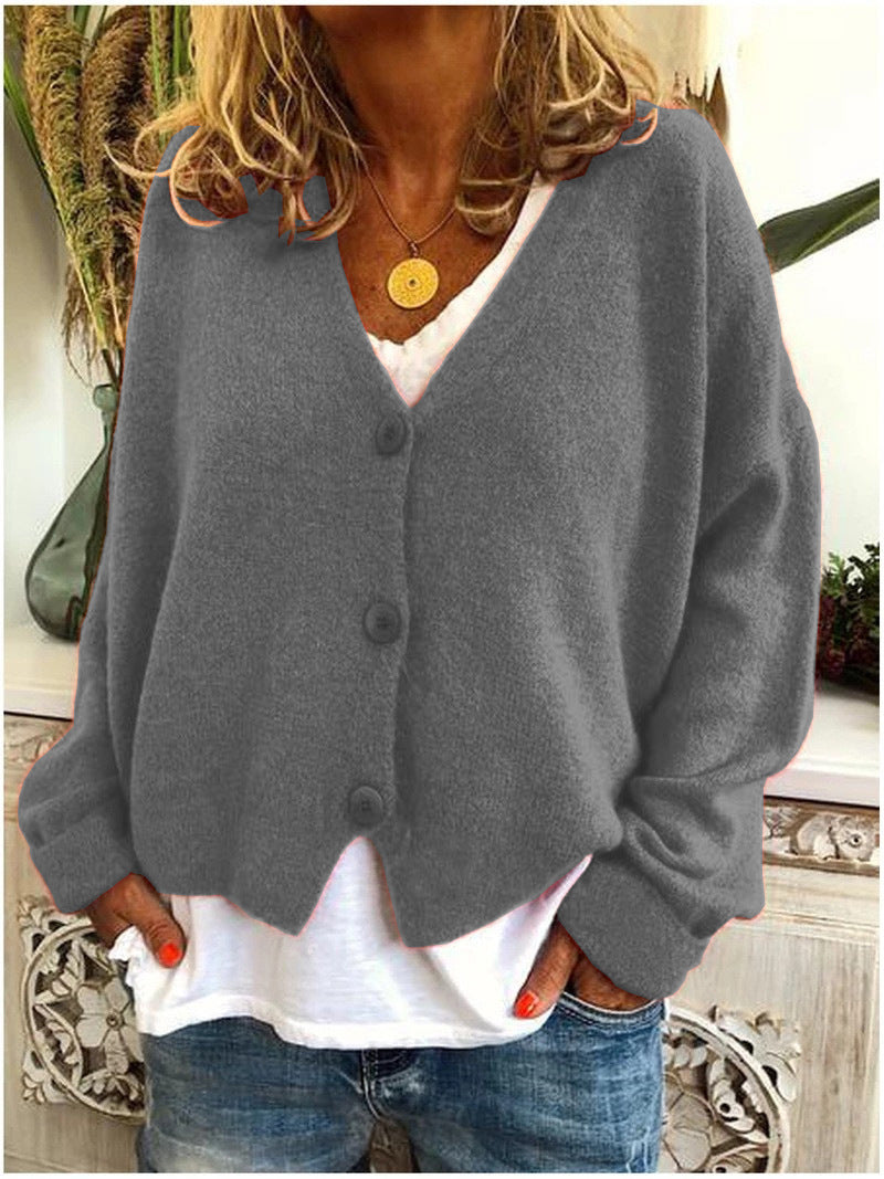Freya oversized V-neck cardigan in grey, front view