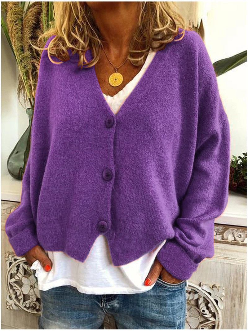 Freya oversized V-neck cardigan in purple, front view