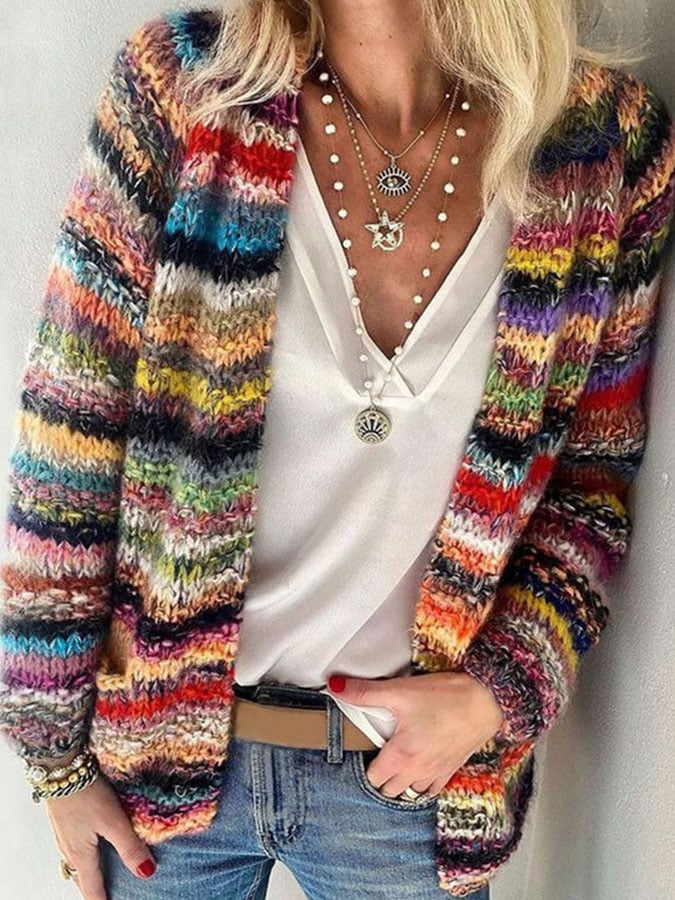 Freya striped knit cardigan with open front, close-up front view