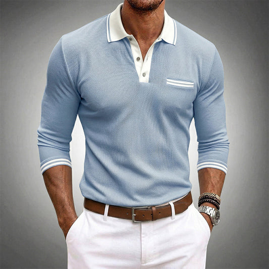 Harrison long sleeve polo shirt in light blue with white contrast collar, front view
