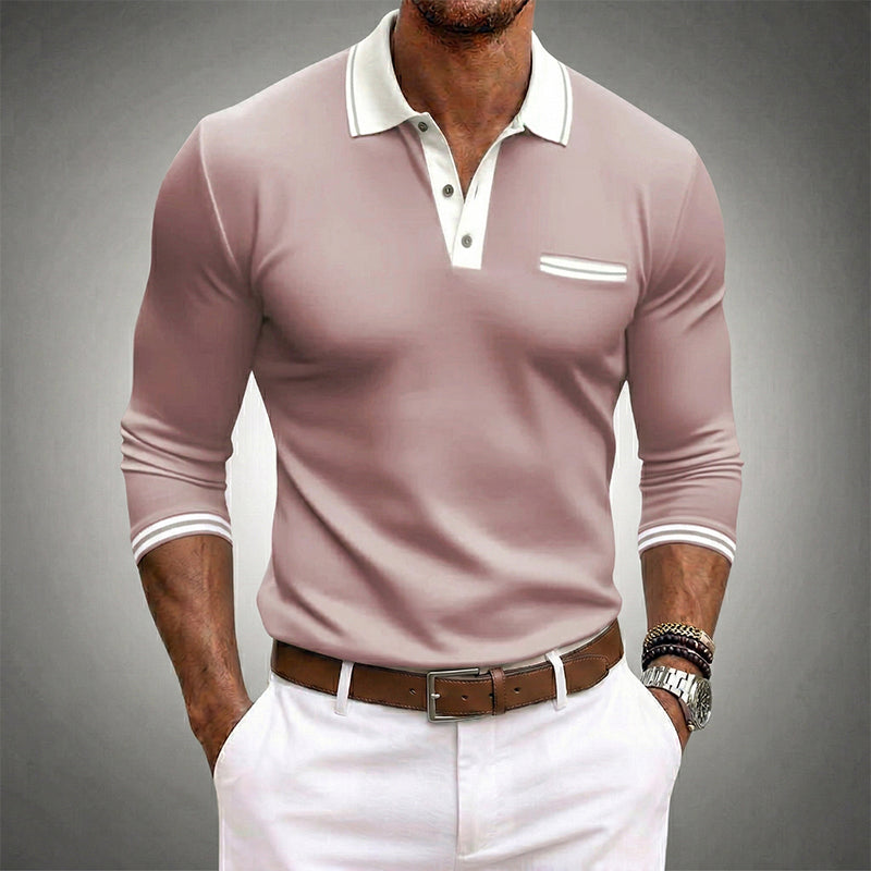 Harrison long sleeve polo shirt in dusty pink with contrast trim cuffs