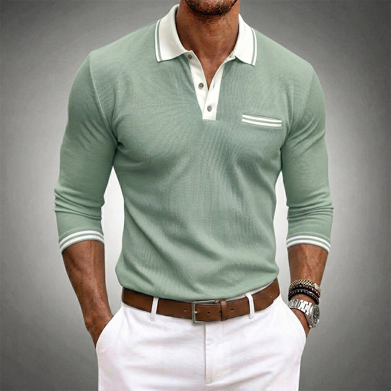 Harrison long sleeve polo shirt in sage green with striped chest pocket
