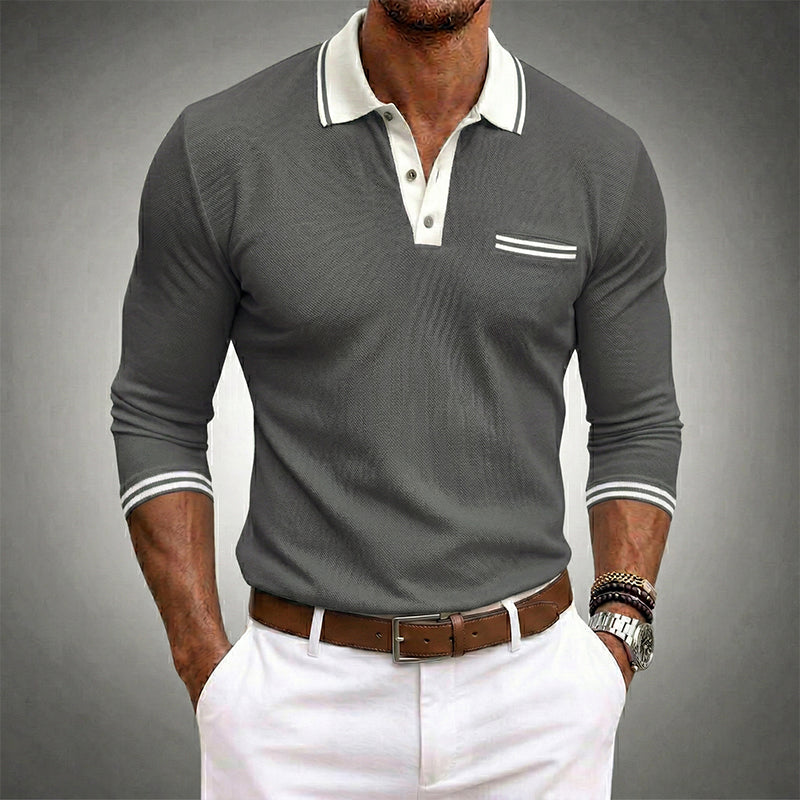 Harrison long sleeve polo shirt in grey with contrast collar and cuffs
