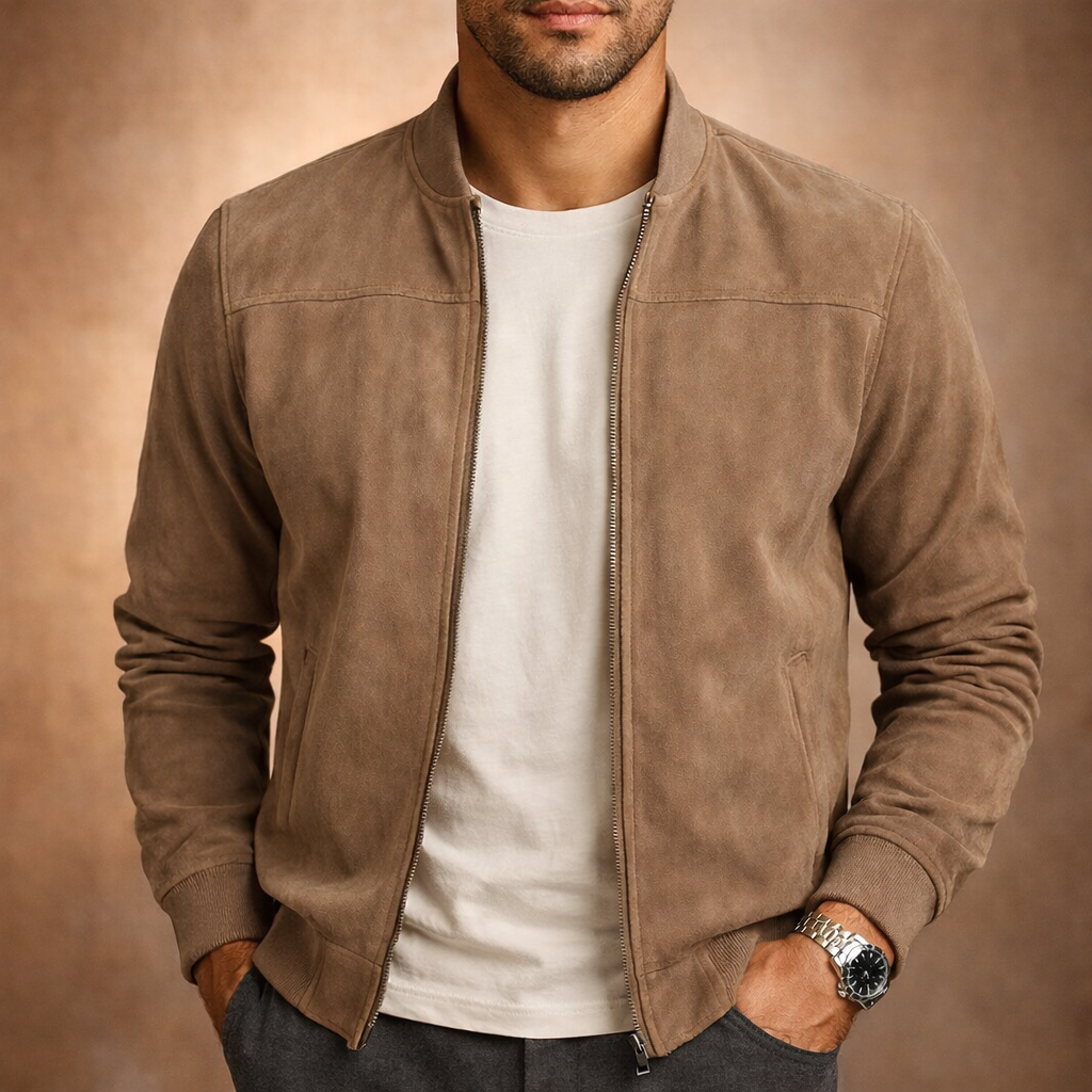 Harrison suede-look bomber jacket in taupe, front view with full zip closure