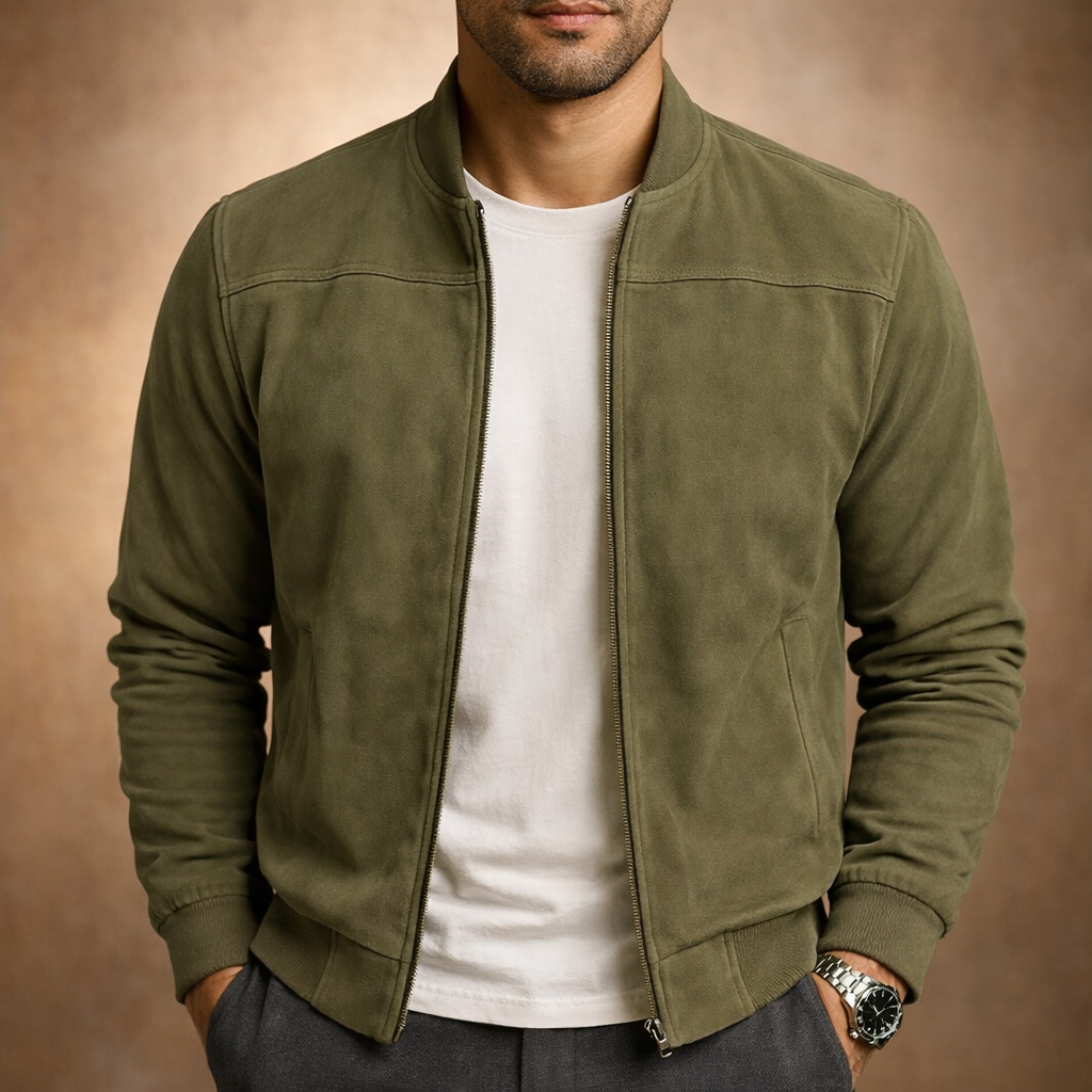 Harrison suede-look bomber jacket in olive green, front view