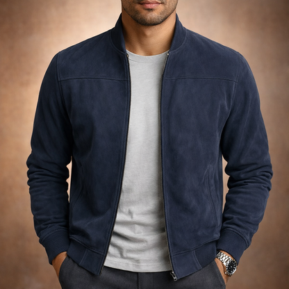 Harrison suede-look bomber jacket in navy blue, front view