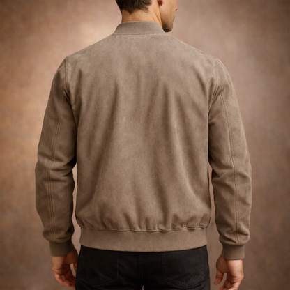 Harrison suede-look bomber jacket in taupe, back view showing ribbed hem