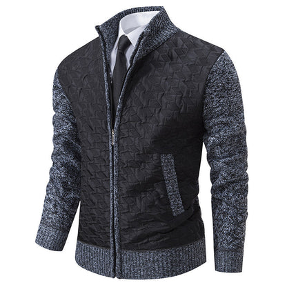 Harrison quilted cardigan in black with grey knit sleeves, front view