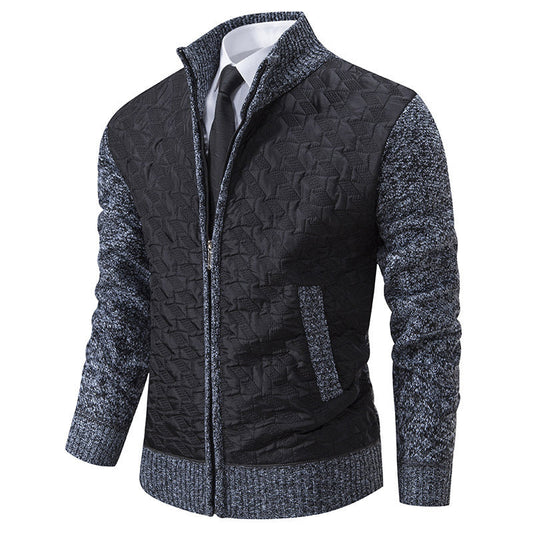 Harrison quilted cardigan in black with grey knit sleeves, front view