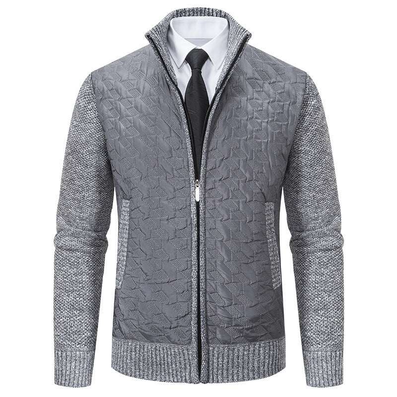 Harrison quilted cardigan in grey with light knit sleeves, front view