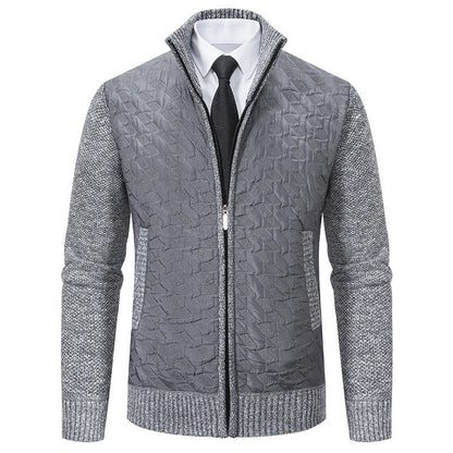 Harrison quilted cardigan in grey with light knit sleeves, front view