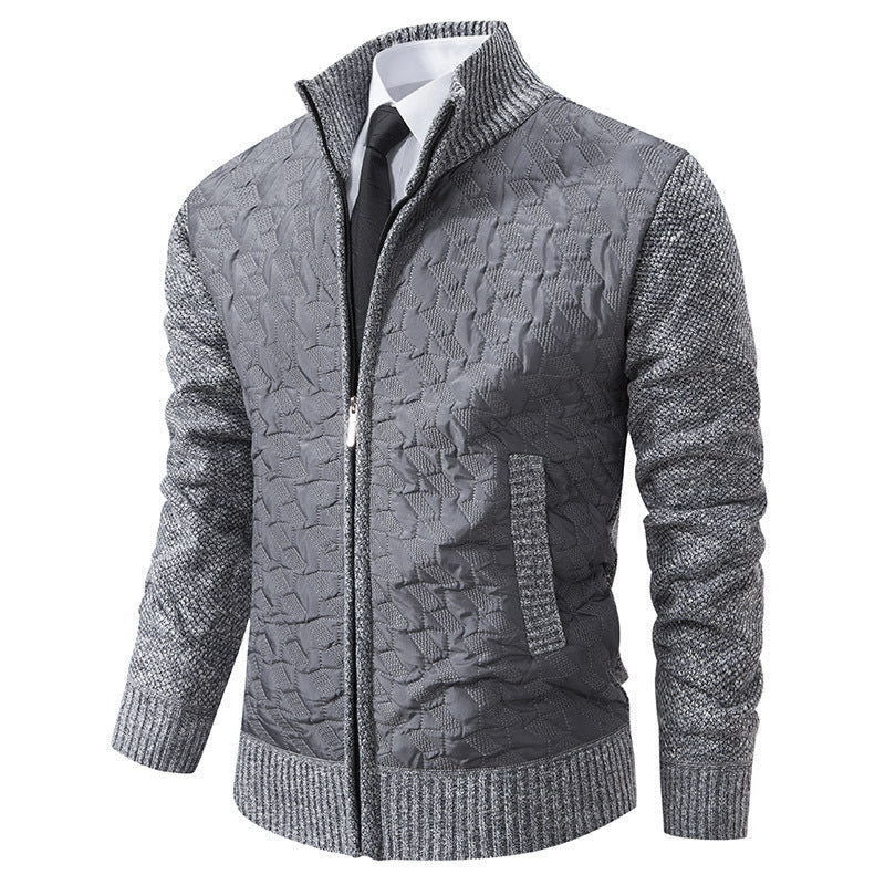 Harrison quilted cardigan in light grey with knit sleeves, front view