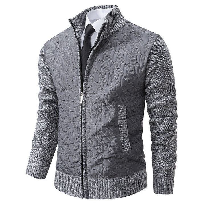 Harrison quilted cardigan in light grey with knit sleeves, front view