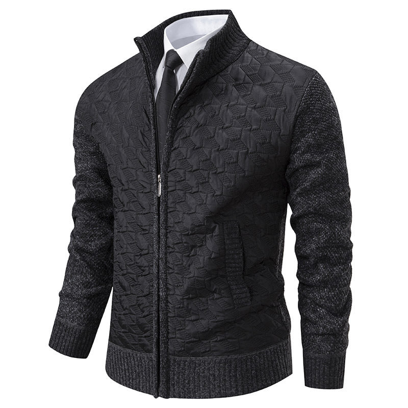 Harrison quilted cardigan in black with matching knit sleeves, front view