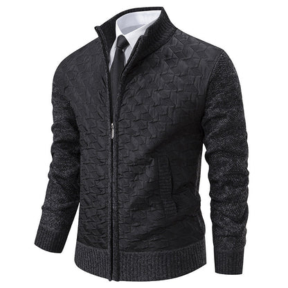 Harrison quilted cardigan in black with matching knit sleeves, front view