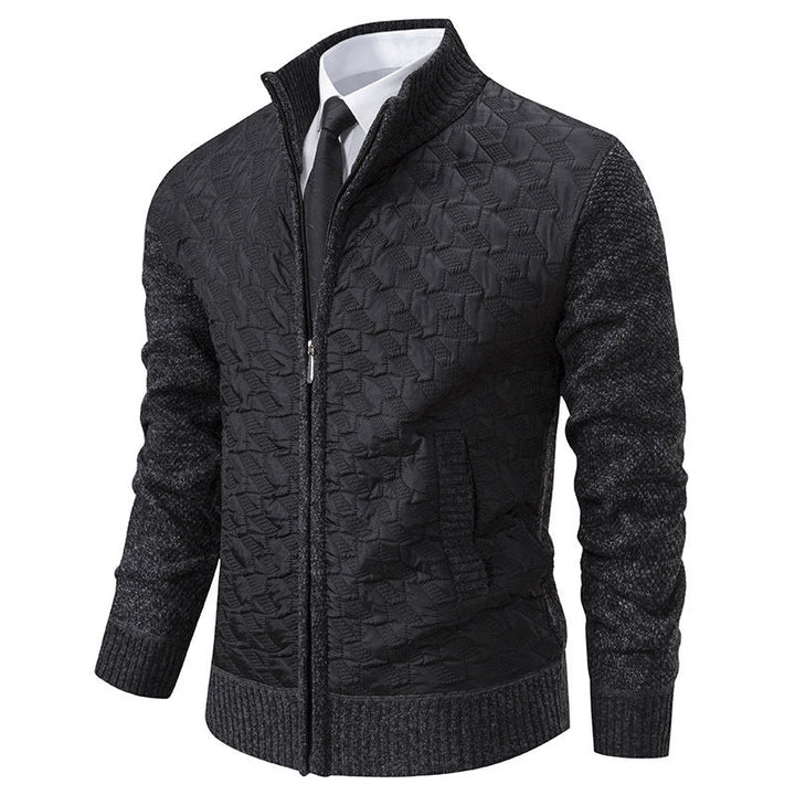 Harrison quilted cardigan in black with matching knit sleeves, front view